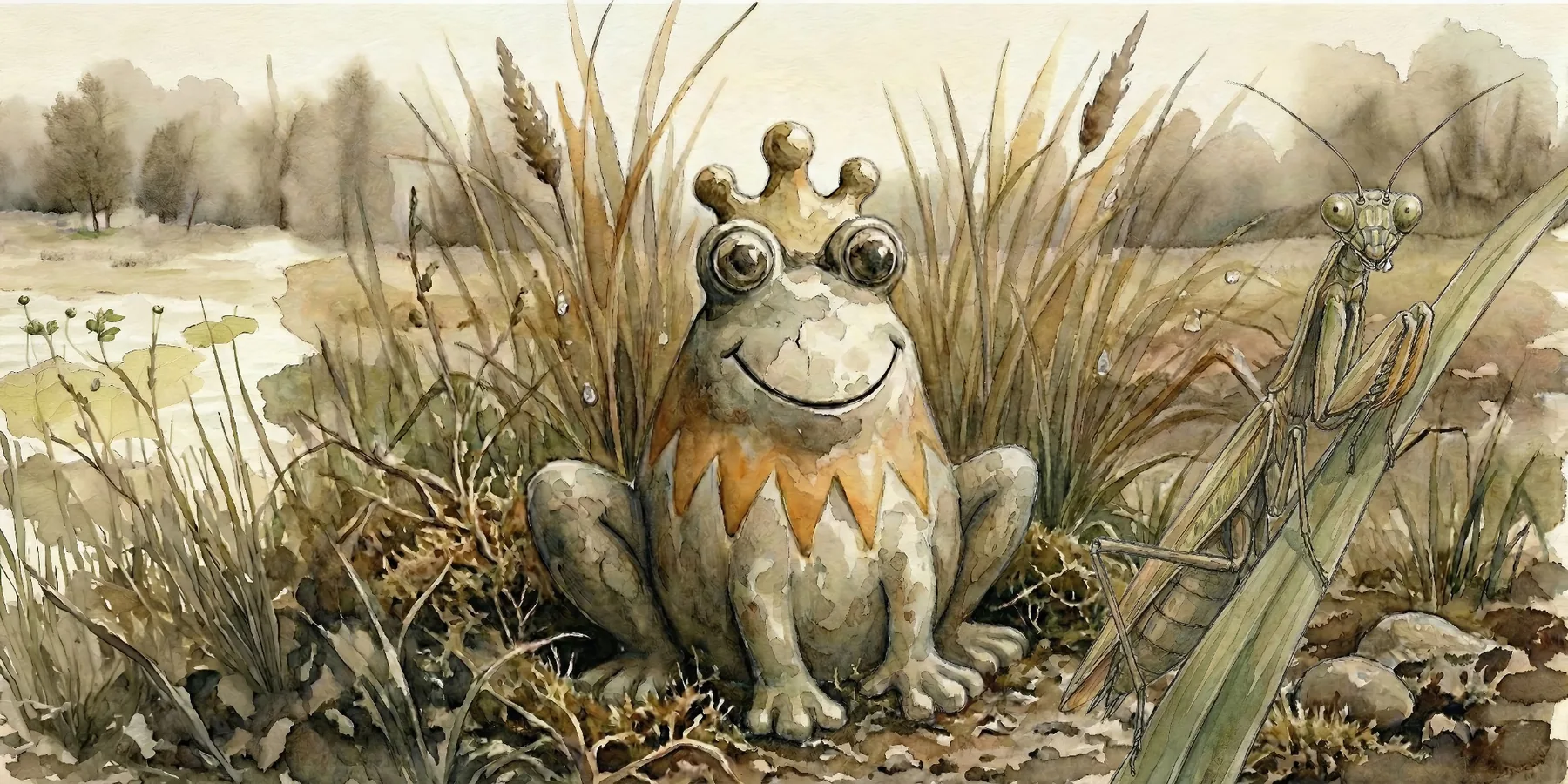 Verspielter Froschkönig und Gottesanbeterin