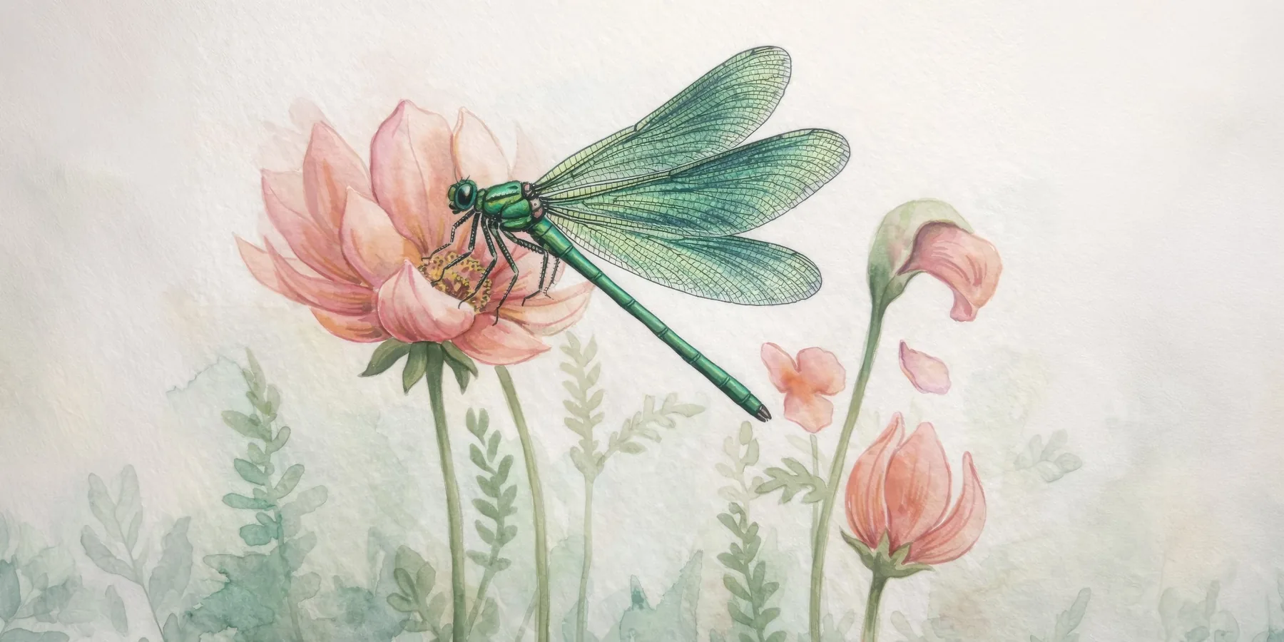 Grüne Libelle über zarten rosa Blüten