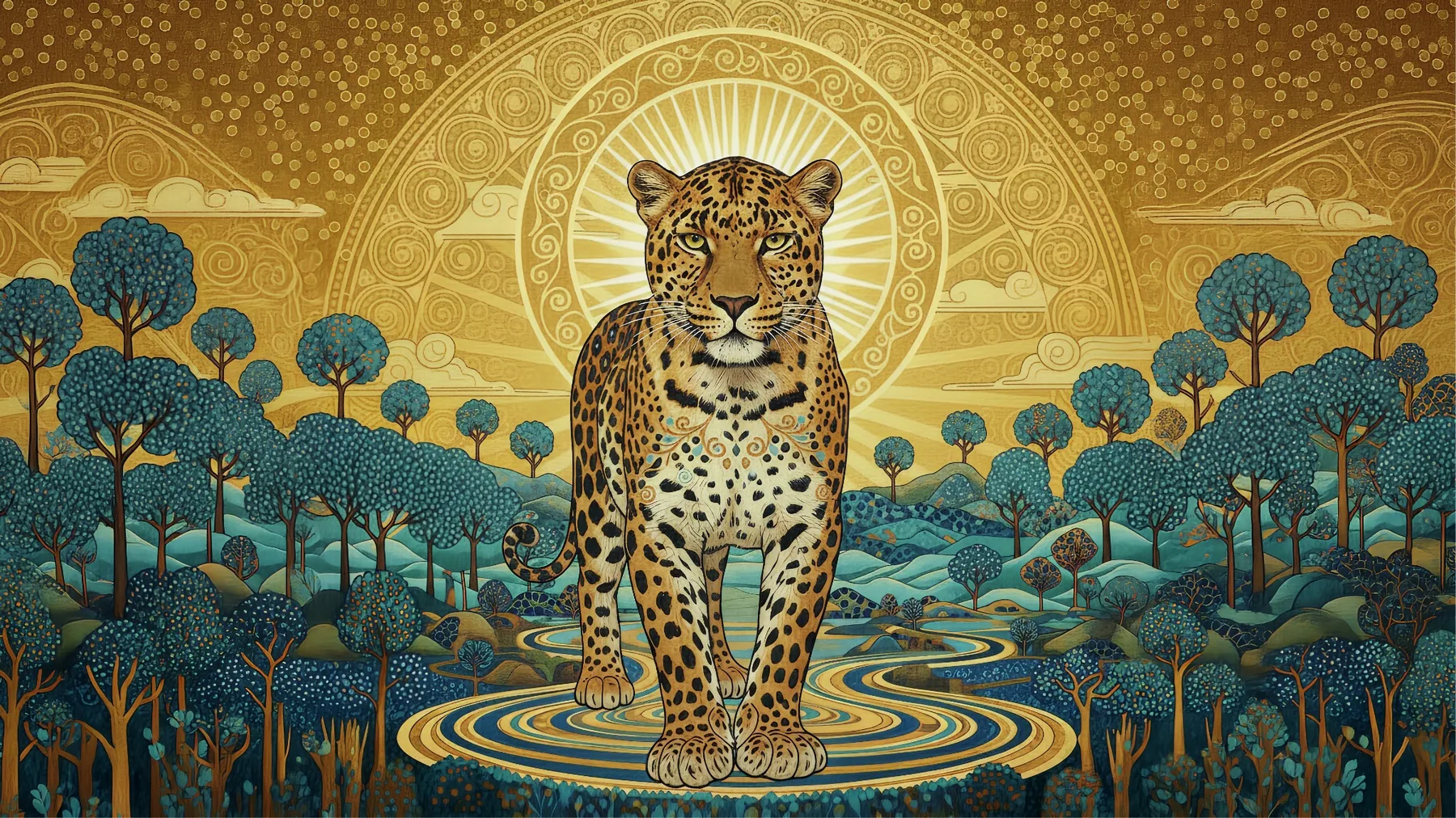 Ornamentaler Leopard vor goldener Sonne und tiefblauer Landschaft