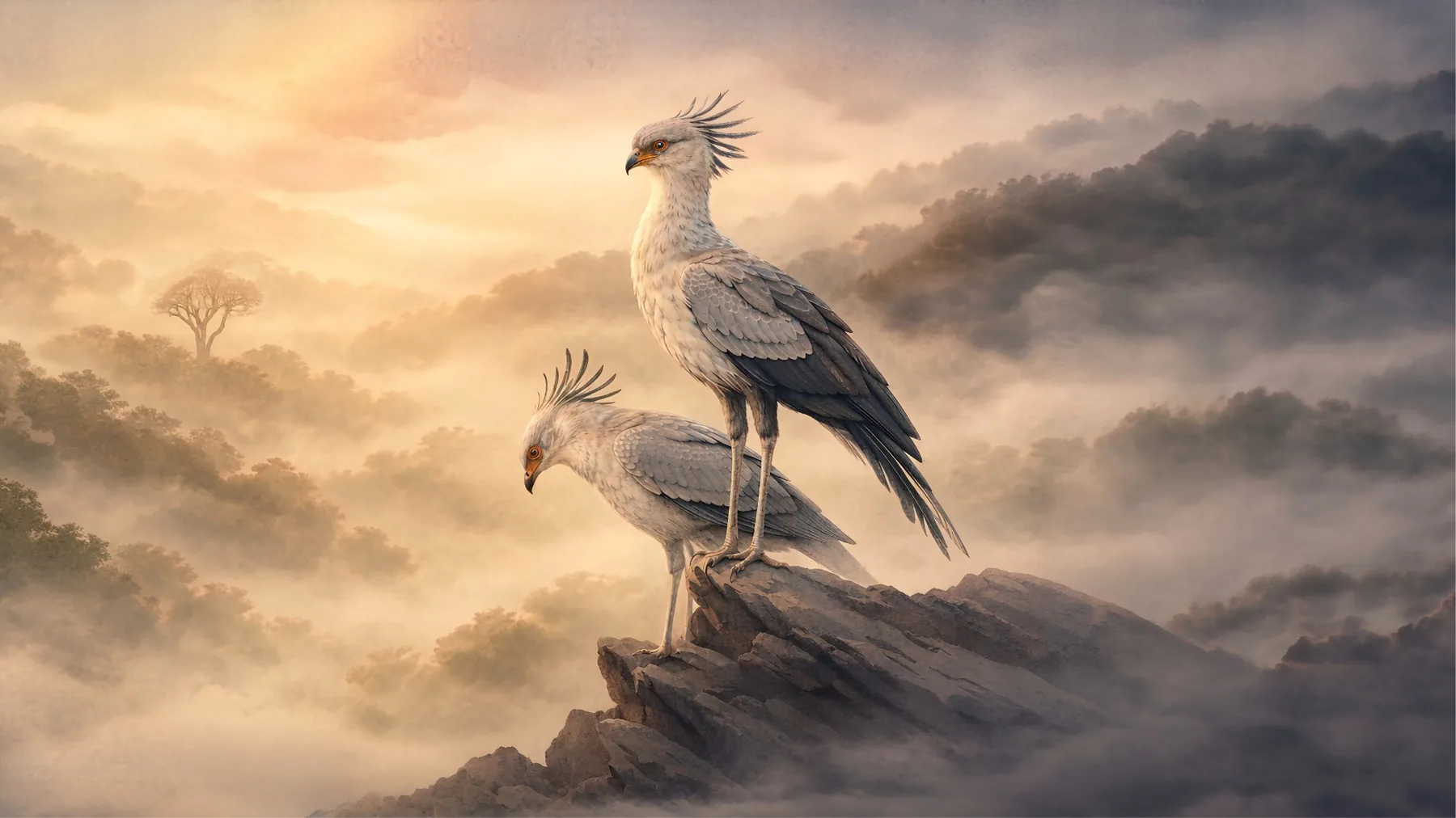 Zwei Sekretärvögel auf Felsen in nebliger Savanne