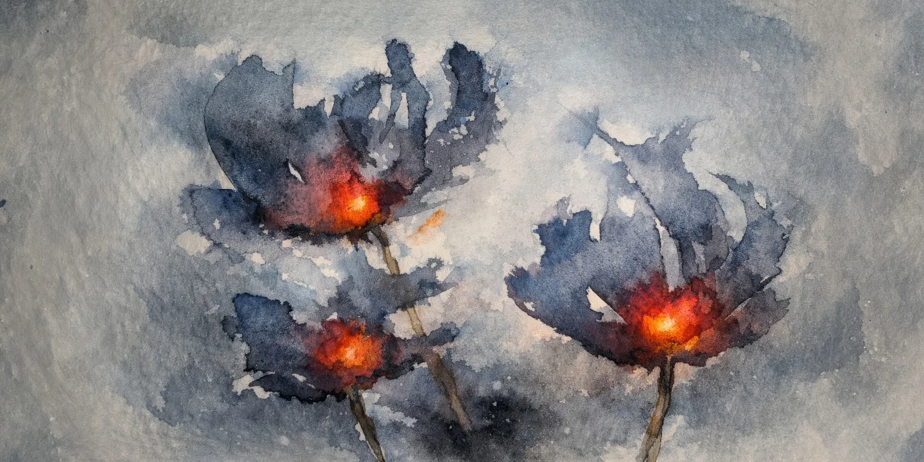 Dunkelblaue Aquarellblüten mit leuchtend warmen Zentren