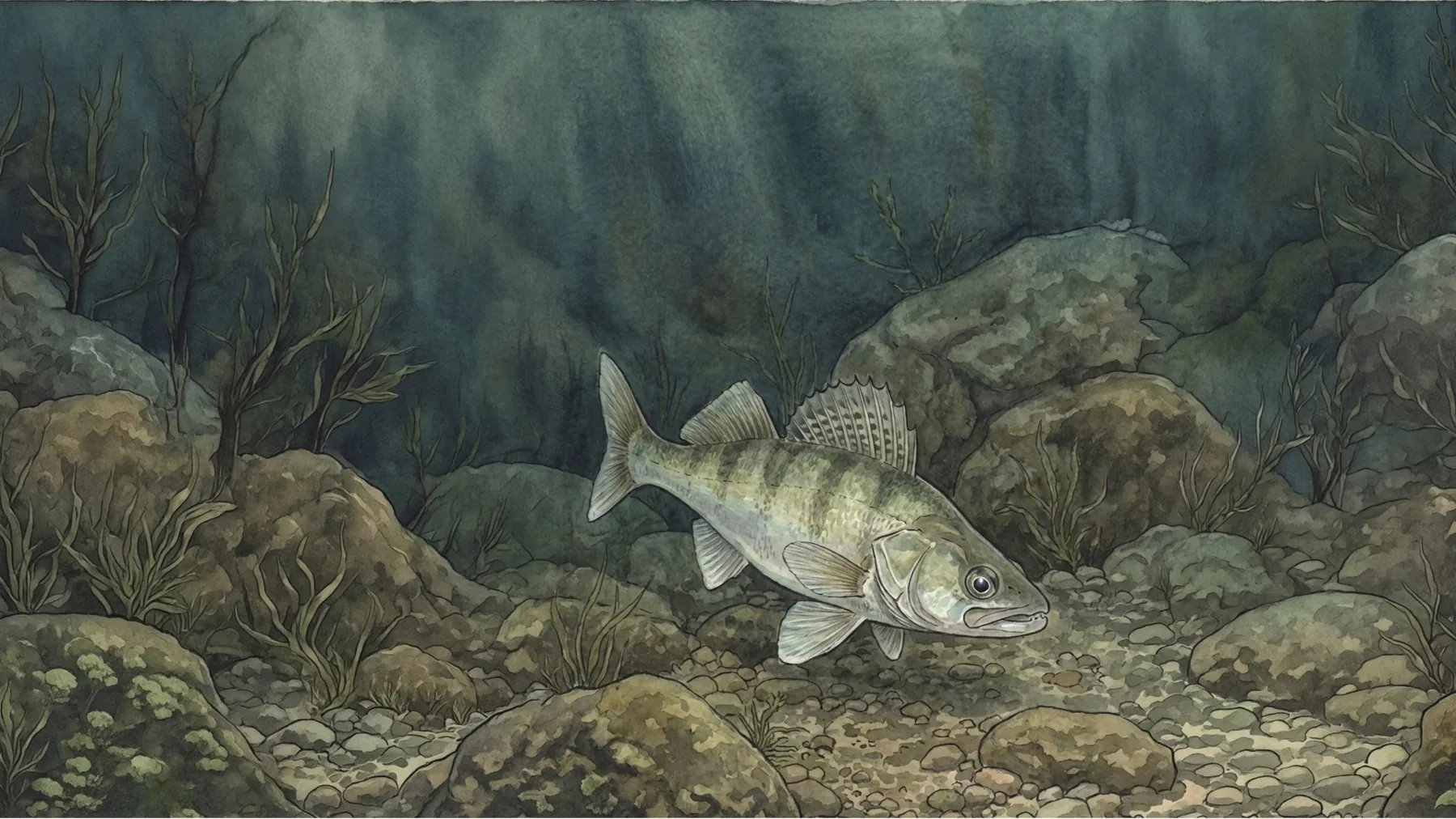 Zander zwischen Steinen und Wasserpflanzen